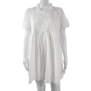 Designer Women Trapeze Swing Dress White High Neck Short Sleeve Midi Size S